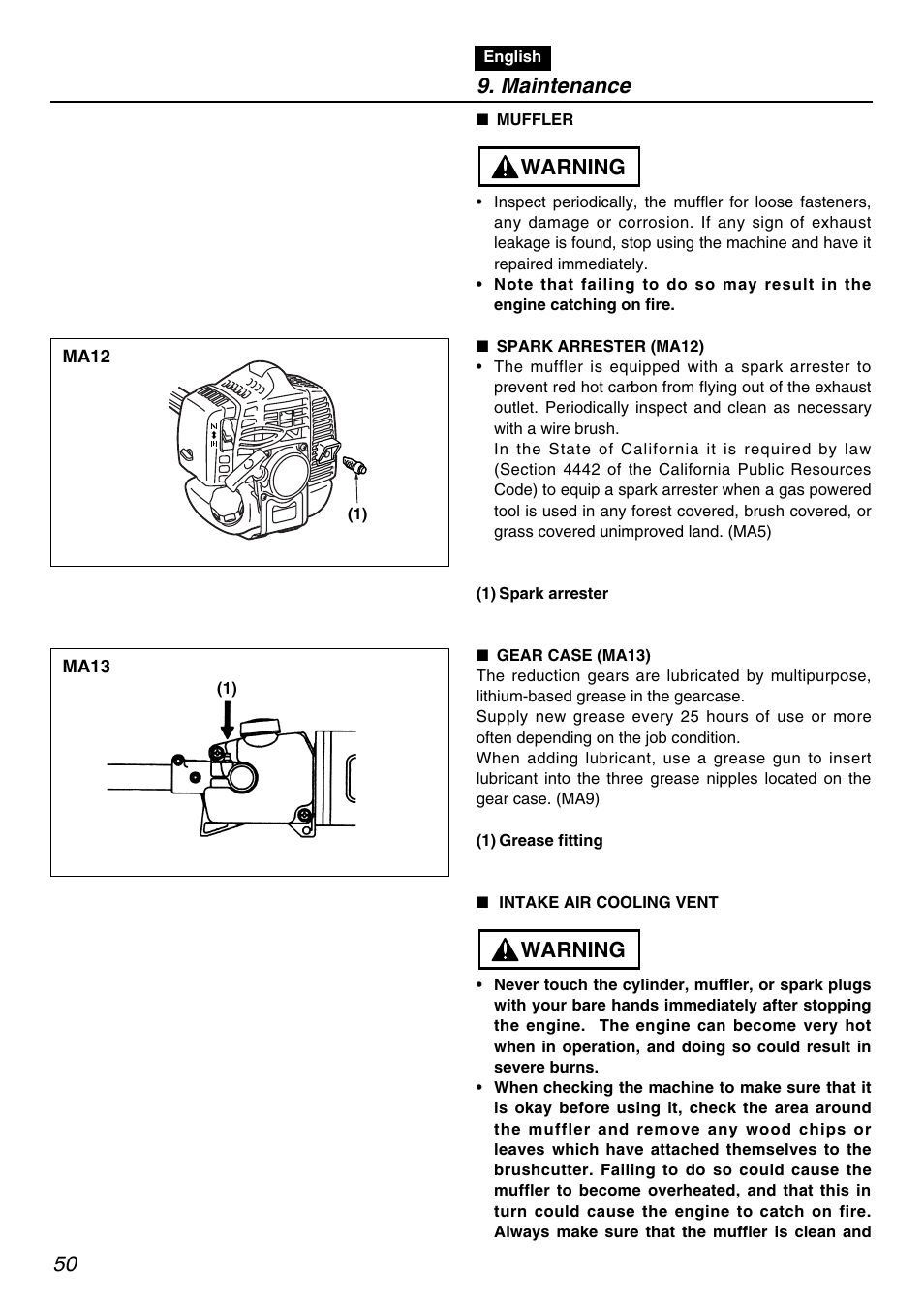 Warning, Maintenance | Zenoah RedMax PSZ2401 User Manual | Page 50 / 68