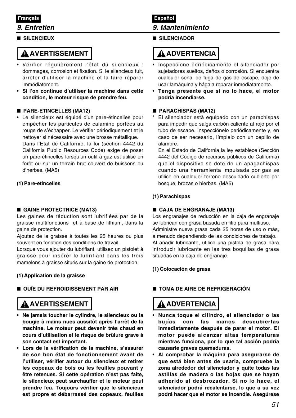 Avertissement, Advertencia, Advertencia 9. entretien 9. mantenimiento | Zenoah RedMax PSZ2401 User Manual | Page 51 / 68