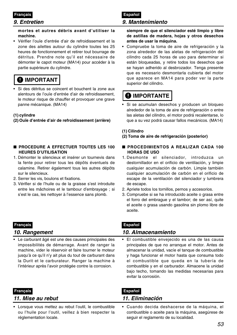 Important, Importante, Rangement 10. almacenamiento | Entretien 9. mantenimiento, Mise au rebut 11. eliminación | Zenoah RedMax PSZ2401 User Manual | Page 53 / 68