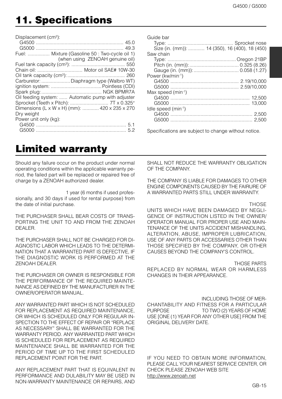 Specifications, Limited warranty | Zenoah G4500 User Manual | Page 15 / 15