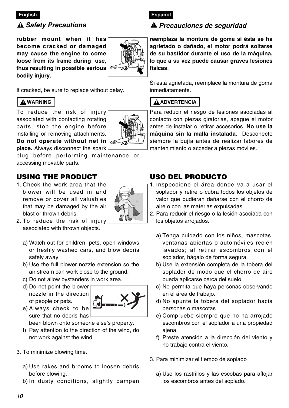 Using the product, Uso del producto, Safety precautions precauciones de seguridad | Zenoah EBZ8000/8000RH User Manual | Page 10 / 36