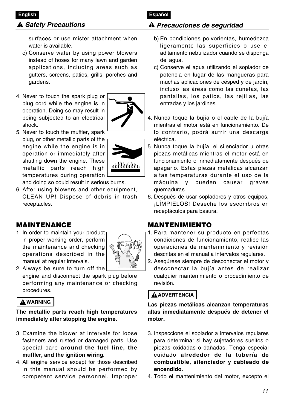 Maintenance, Mantenimiento, Safety precautions precauciones de seguridad | Zenoah EBZ8000/8000RH User Manual | Page 11 / 36