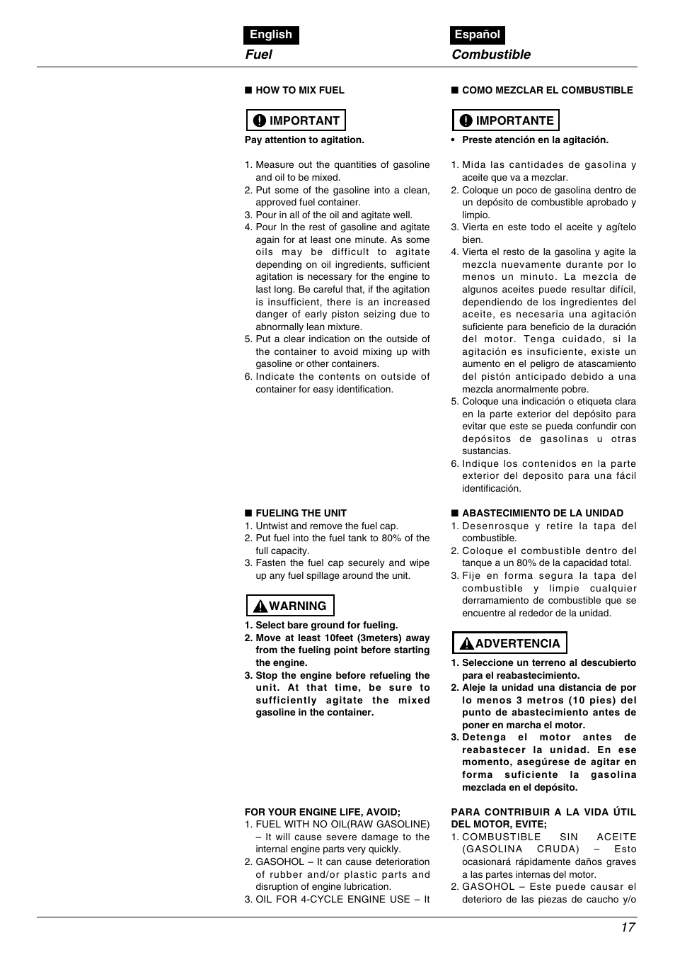 Fuel, Combustible 17 | Zenoah EBZ8000/8000RH User Manual | Page 17 / 36