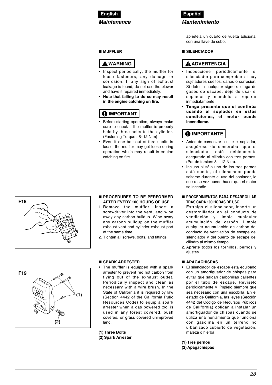 Maintenance, Mantenimiento | Zenoah EBZ8000/8000RH User Manual | Page 23 / 36