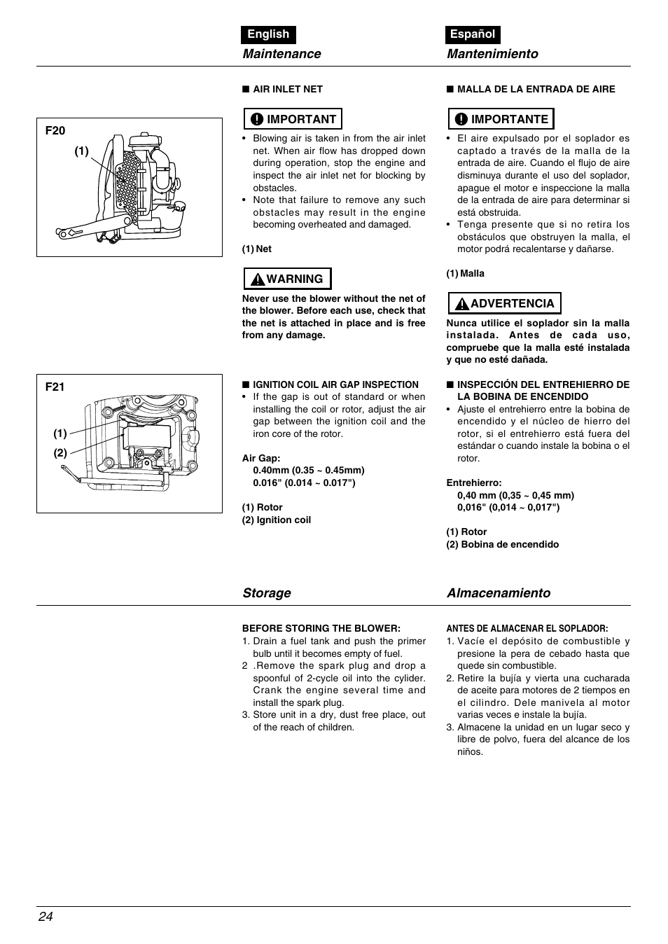 24 storage almacenamiento, Maintenance mantenimiento | Zenoah EBZ8000/8000RH User Manual | Page 24 / 36