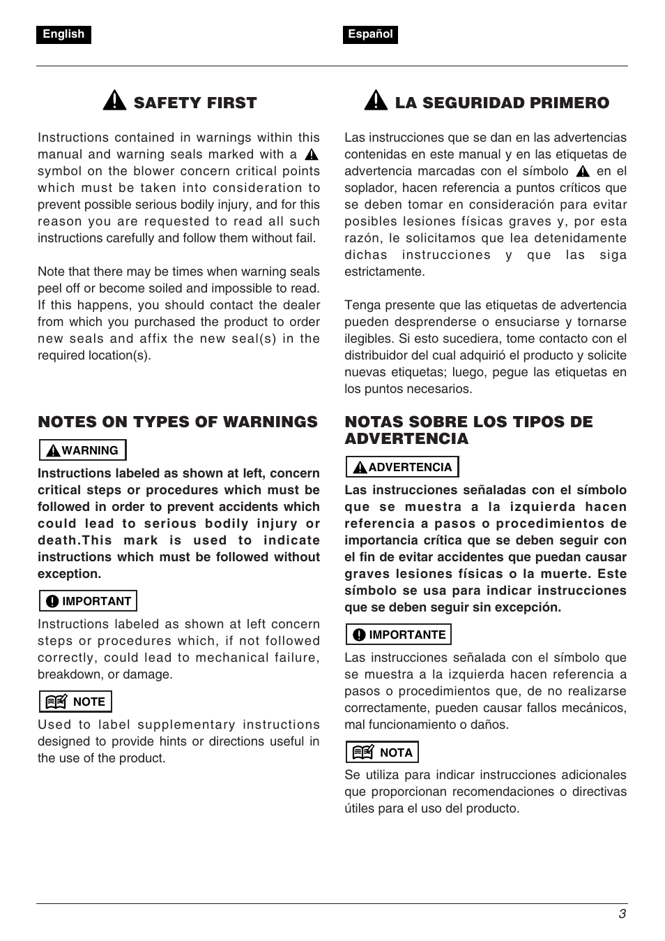 La seguridad primero, Notas sobre los tipos de advertencia, Safety first | Zenoah EBZ8000/8000RH User Manual | Page 3 / 36