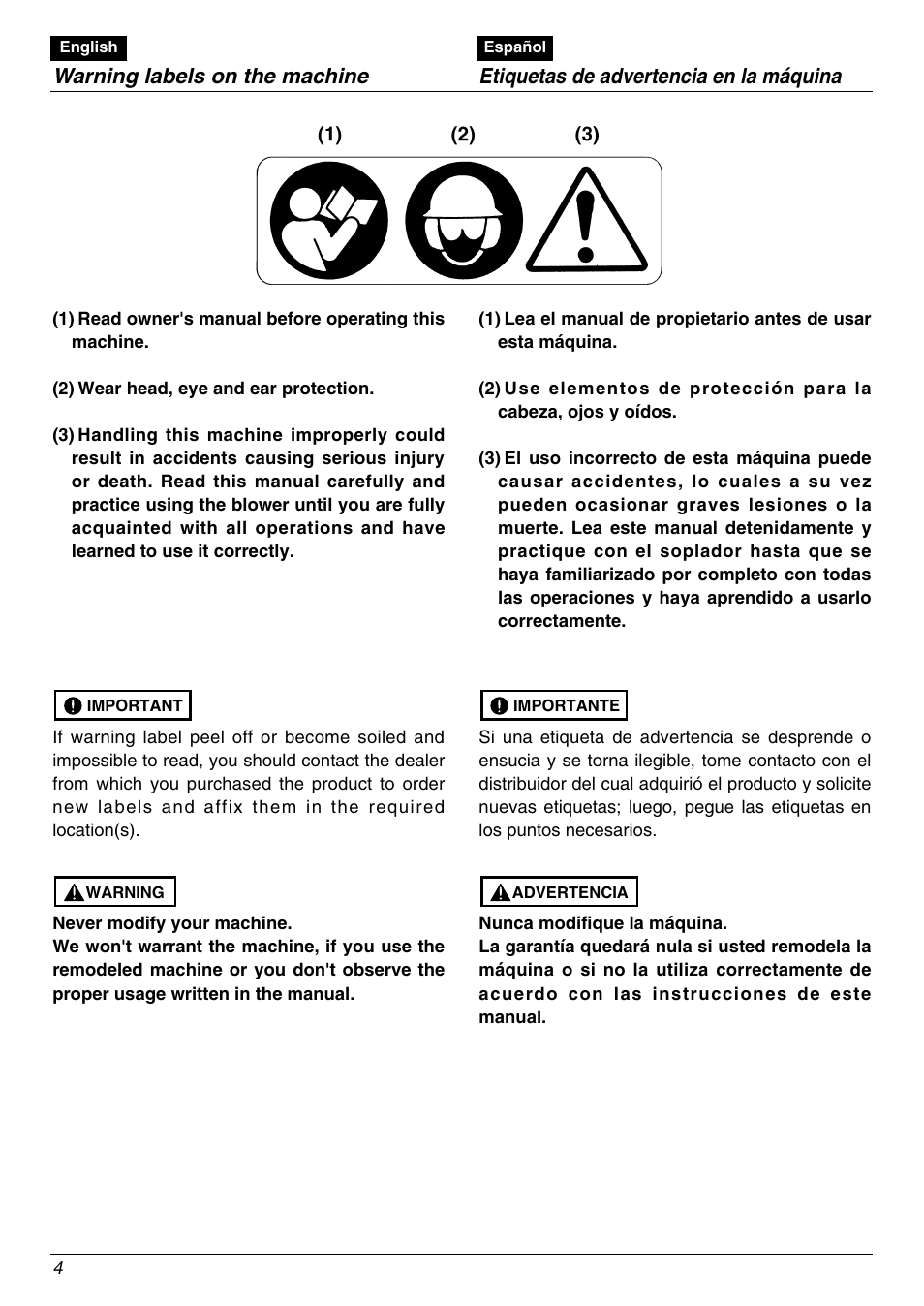 Warning labels on the machine, Etiquetas de advertencia en la máquina | Zenoah EBZ8000/8000RH User Manual | Page 4 / 36