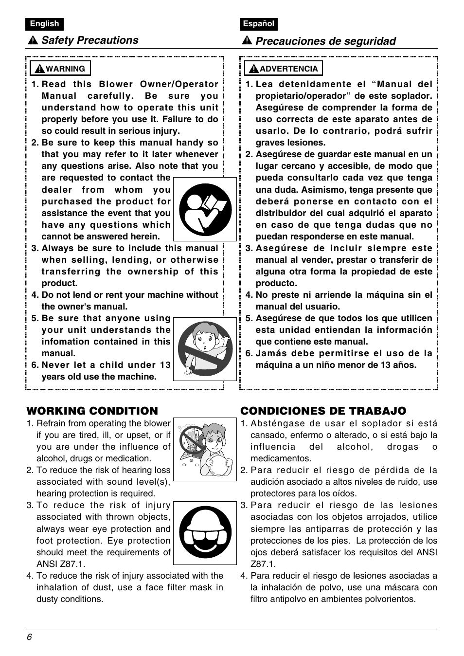 Working condition, Safety precautions, Condiciones de trabajo | Precauciones de seguridad | Zenoah EBZ8000/8000RH User Manual | Page 6 / 36