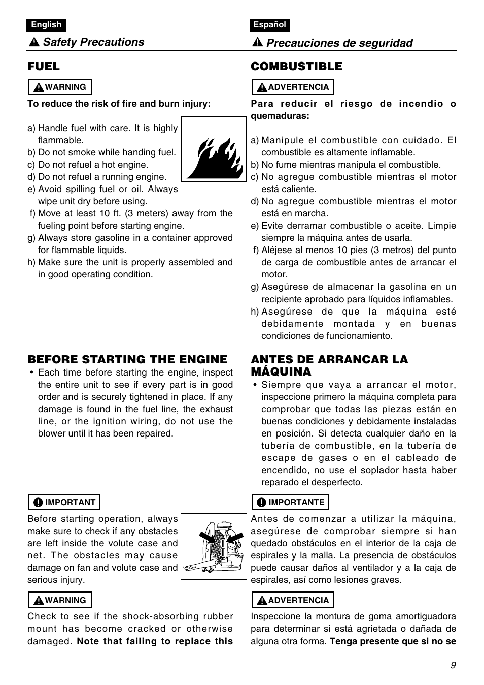 Fuel, Before starting the engine, Combustible | Antes de arrancar la máquina, Safety precautions precauciones de seguridad | Zenoah EBZ8000/8000RH User Manual | Page 9 / 36