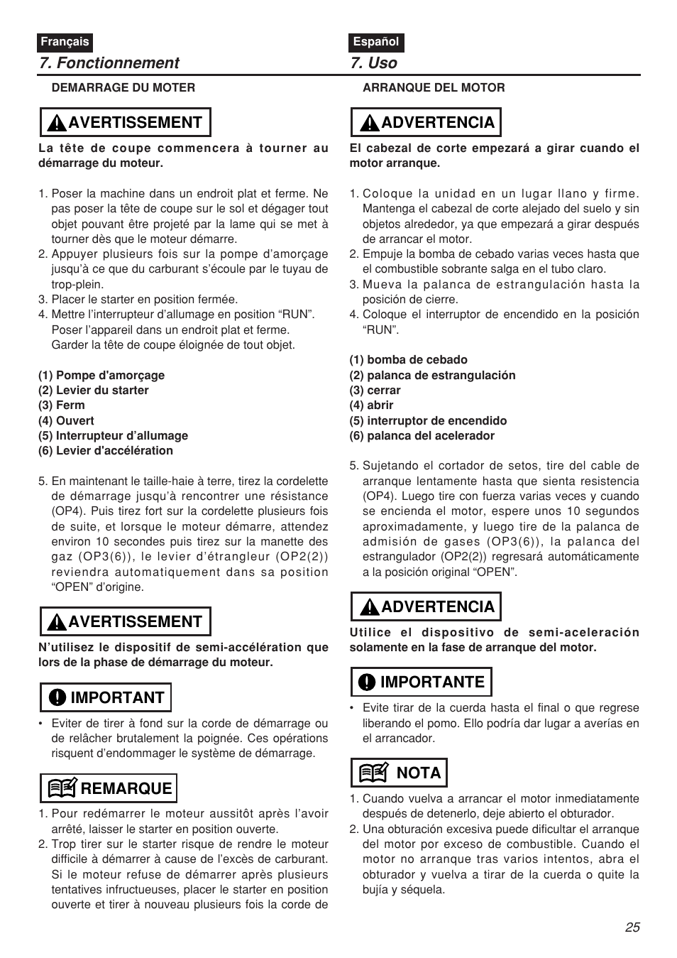 Fonctionnement 7. uso, Remarque important avertissement avertissement, Nota importante advertencia advertencia | Zenoah CHTZ2401 User Manual | Page 25 / 54