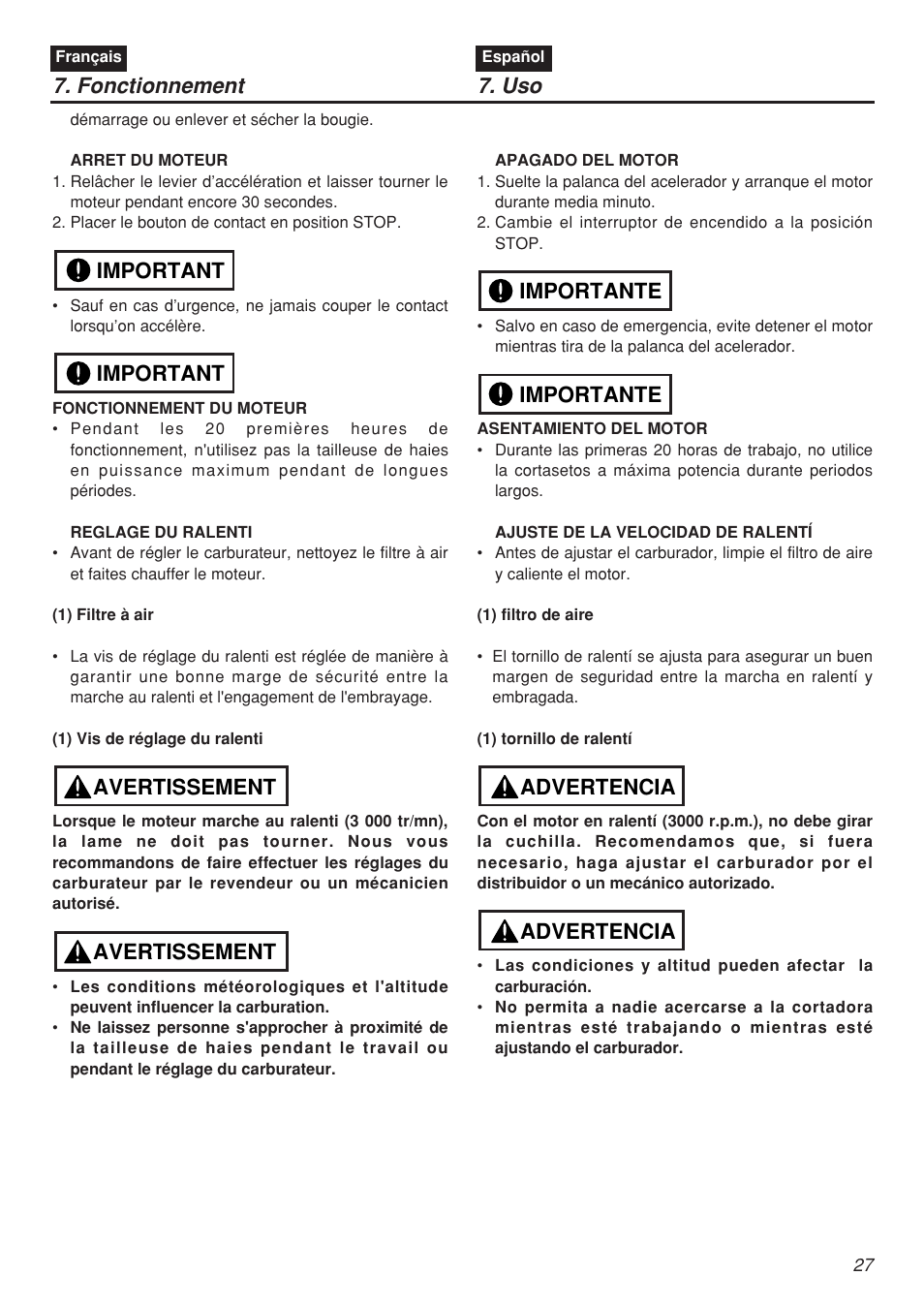 Fonctionnement 7. uso, Avertissement, Avertissement important important | Advertencia, Advertencia importante importante | Zenoah CHTZ2401 User Manual | Page 27 / 54