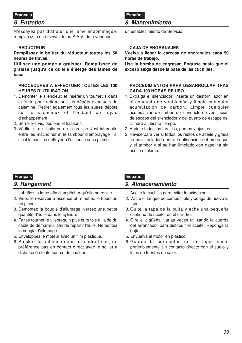 Entretien 8. mantenimiento, Rangement 9. almacenamiento | Zenoah CHTZ2401 User Manual | Page 39 / 54