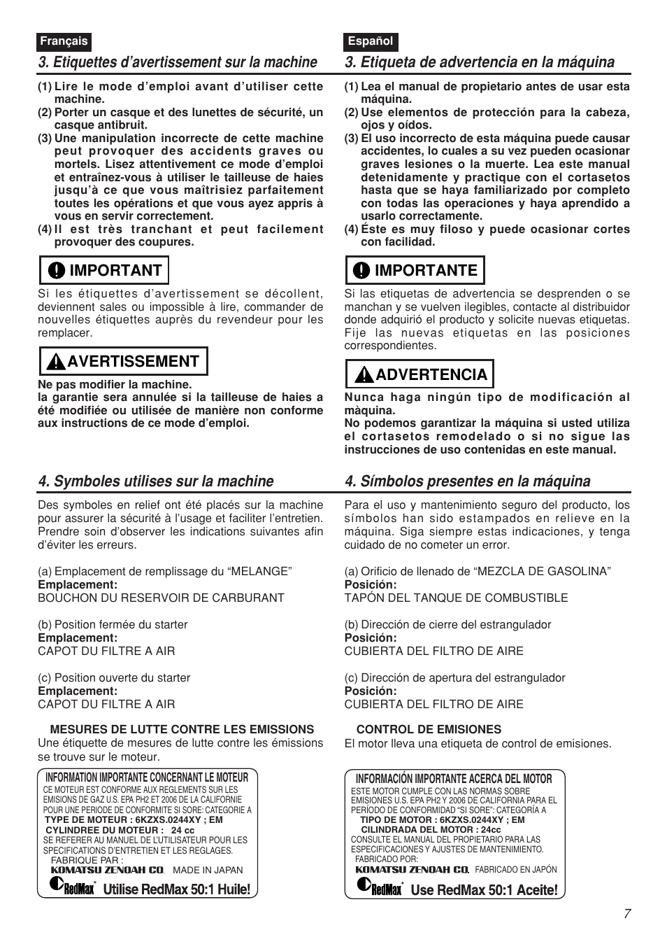 Avertissement important, Advertencia importante | Zenoah CHTZ2401 User Manual | Page 7 / 54