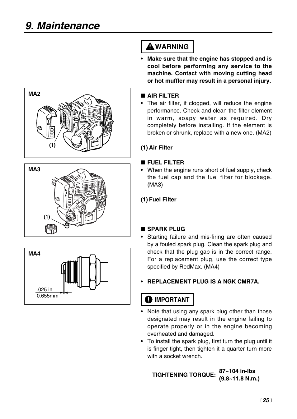 Maintenance | Zenoah Sweeper RMSZ2500 User Manual | Page 25 / 36