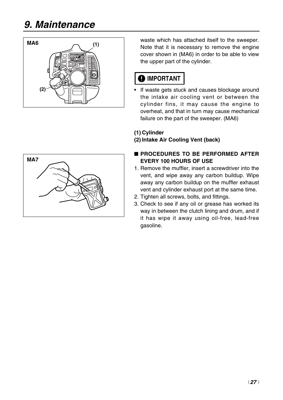 Maintenance | Zenoah Sweeper RMSZ2500 User Manual | Page 27 / 36