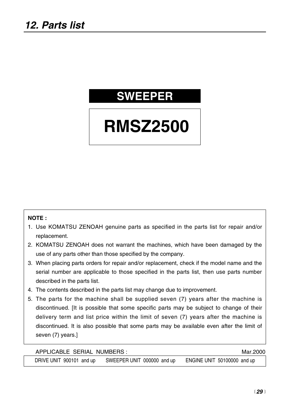 Rmsz2500, Sweeper, Parts list | Zenoah Sweeper RMSZ2500 User Manual | Page 29 / 36