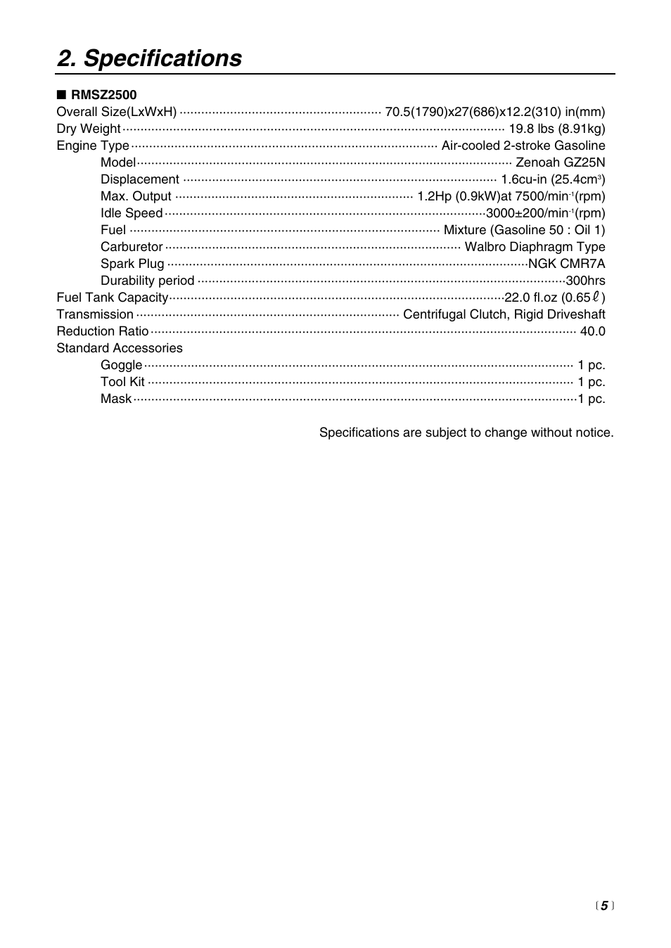 Specifications | Zenoah Sweeper RMSZ2500 User Manual | Page 5 / 36