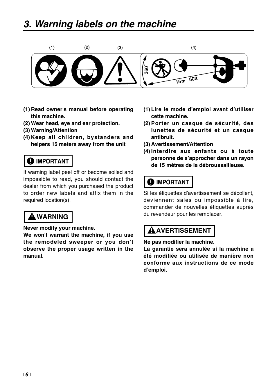 Warning labels on the machine | Zenoah Sweeper RMSZ2500 User Manual | Page 6 / 36