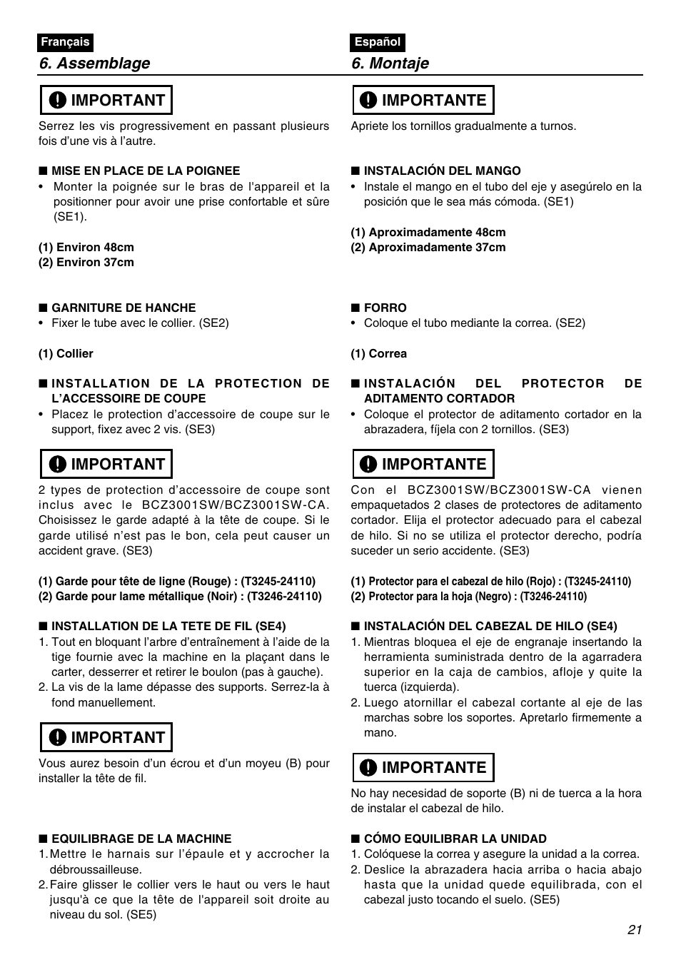 Assemblage 6. montaje, Important, Importante | Zenoah BCZ3001S  EU User Manual | Page 21 / 68