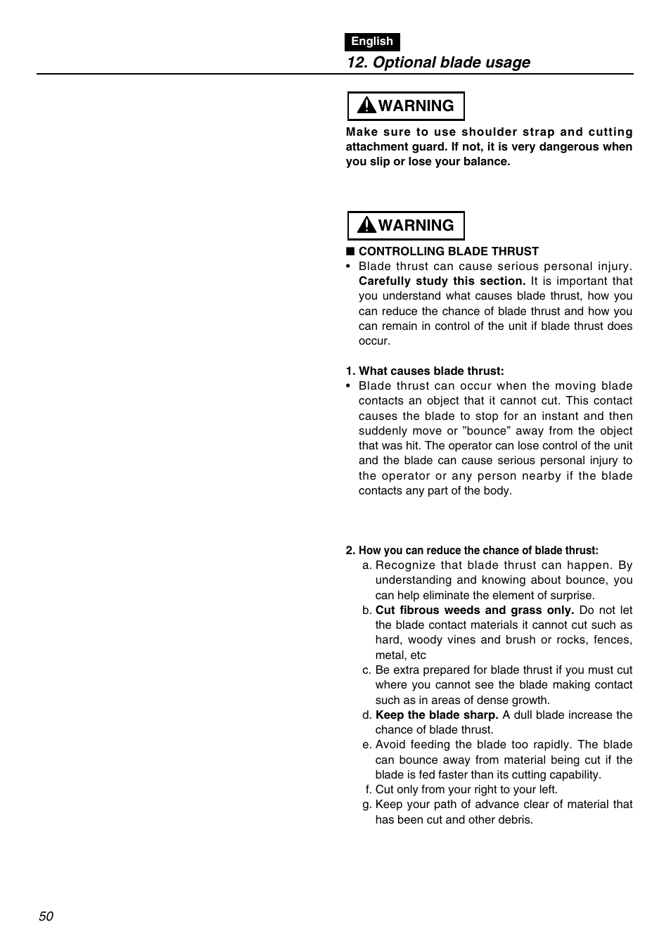 Optional blade usage, Warning | Zenoah BCZ3001S  EU User Manual | Page 50 / 68
