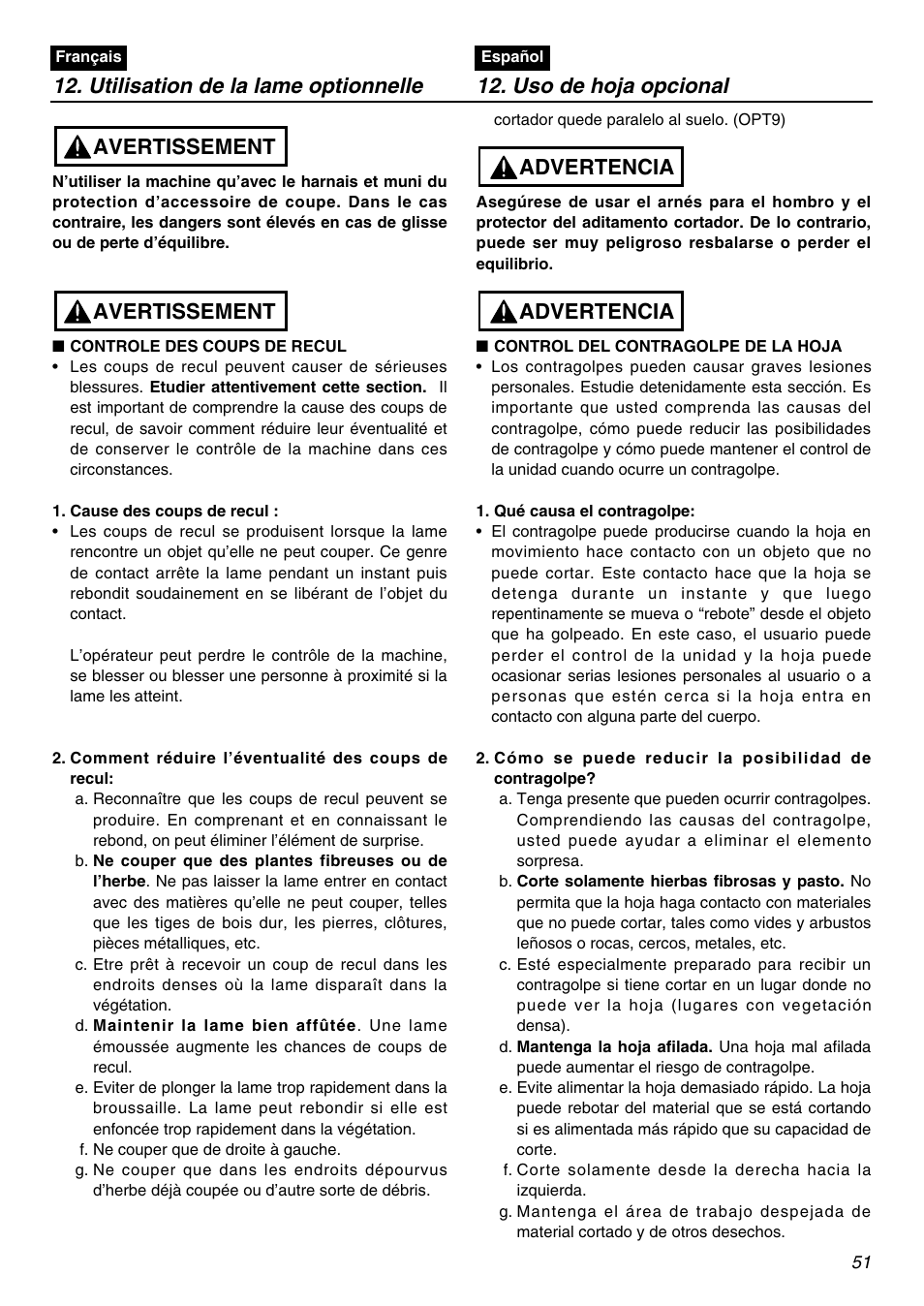 Avertissement, Advertencia | Zenoah BCZ3001S  EU User Manual | Page 51 / 68