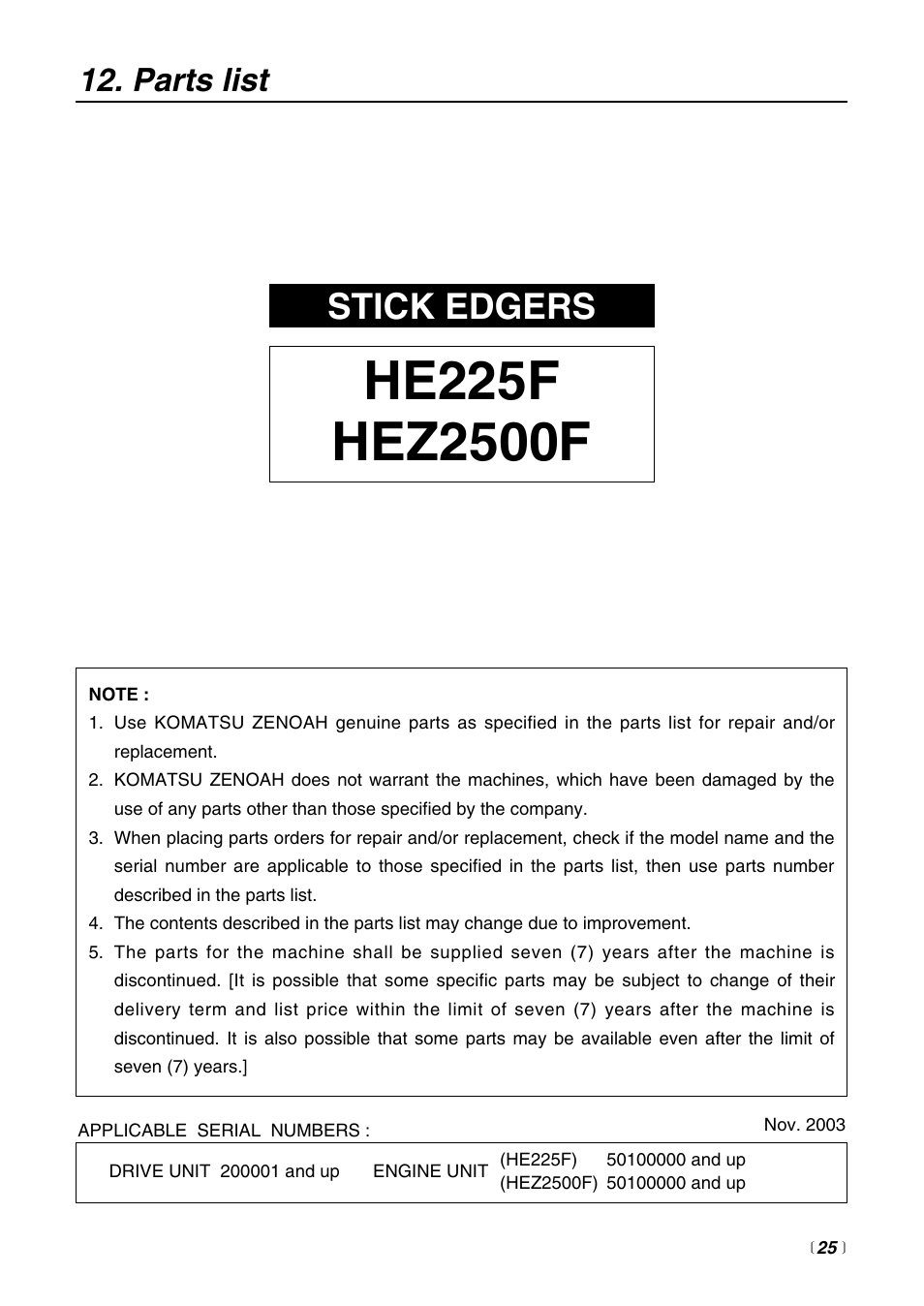 Stick edgers, Parts list | Zenoah HEZ2500F  FR User Manual | Page 25 / 36