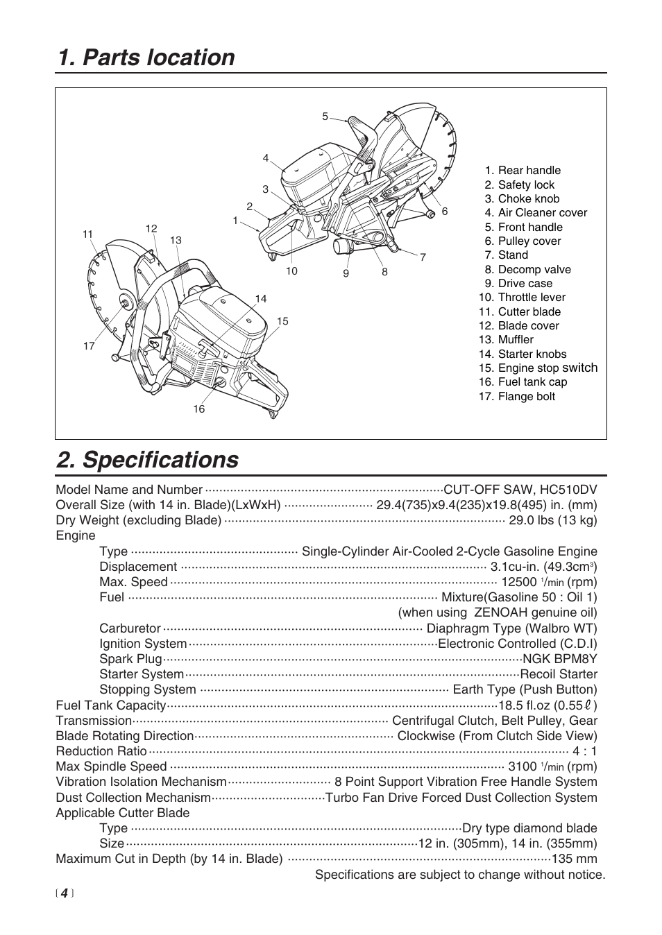 Specifications, Parts location | Zenoah HC510DV User Manual | Page 4 / 44