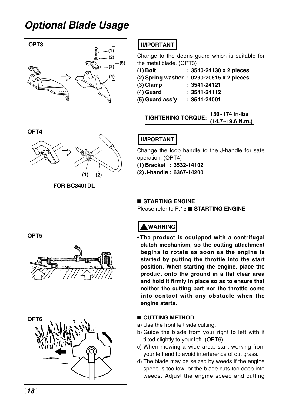 Optional blade usage | Zenoah BC4401DW User Manual | Page 18 / 36