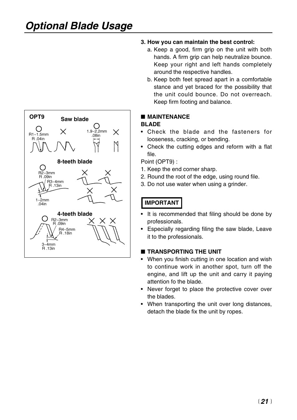 Optional blade usage | Zenoah BC4401DW User Manual | Page 21 / 36