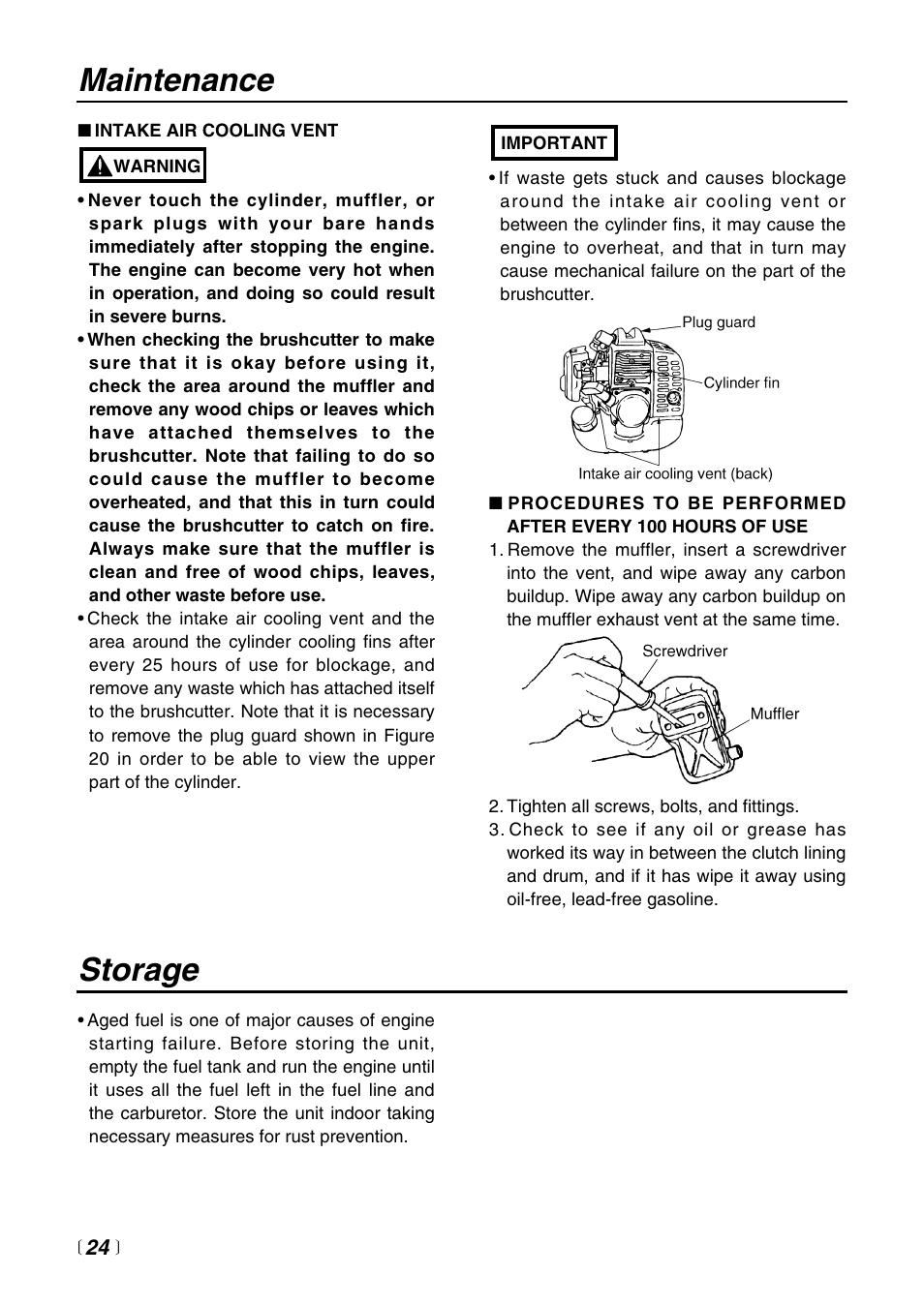 Storage, Maintenance | Zenoah BC4401DW User Manual | Page 24 / 36