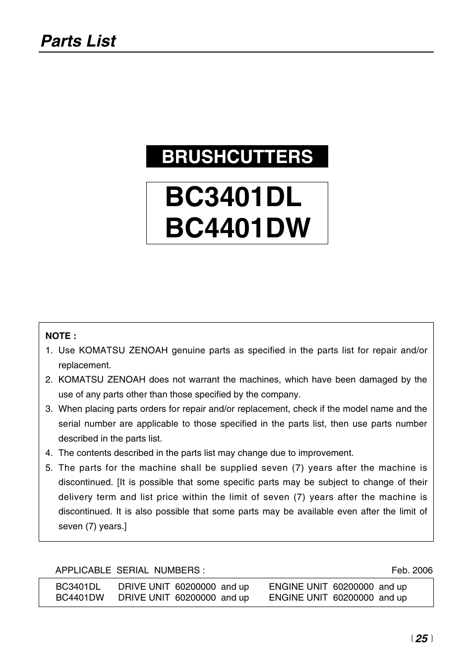 Brushcutters, Parts list | Zenoah BC4401DW User Manual | Page 25 / 36