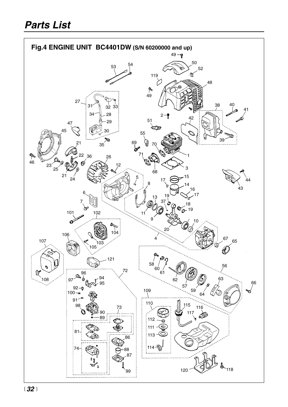 Parts list | Zenoah BC4401DW User Manual | Page 32 / 36