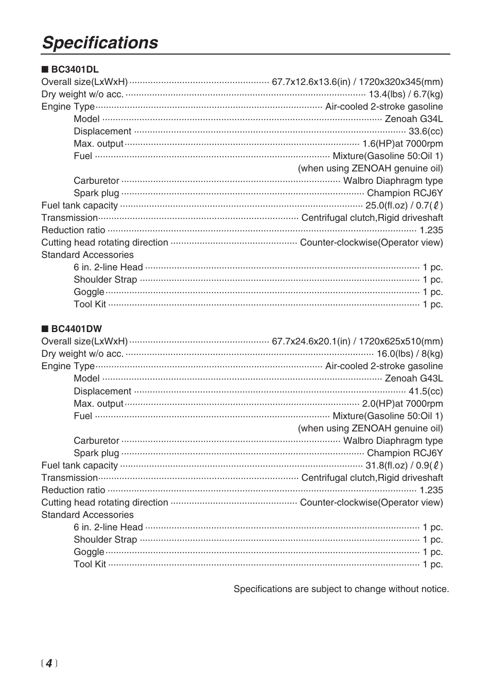 Specifications | Zenoah BC4401DW User Manual | Page 4 / 36