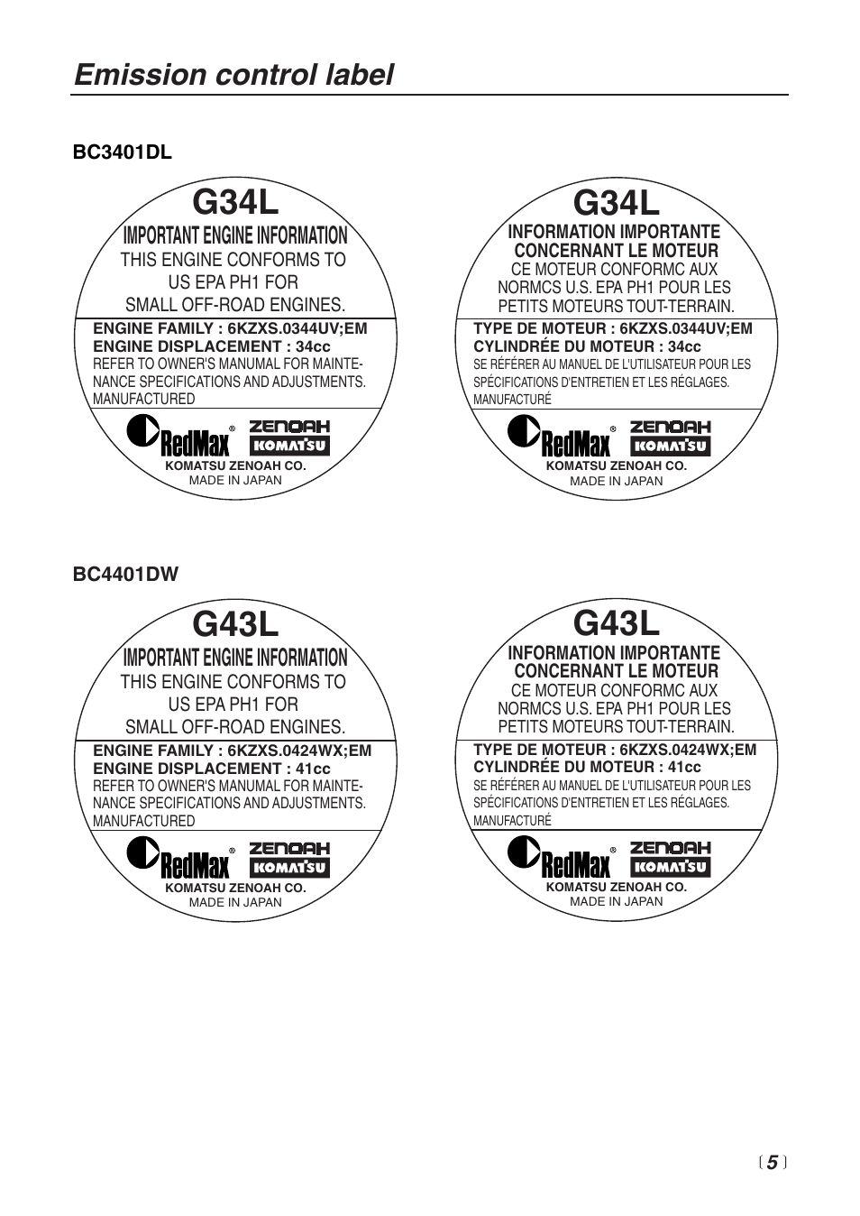 G34l, G43l, Emission control label | Important engine information | Zenoah BC4401DW User Manual | Page 5 / 36