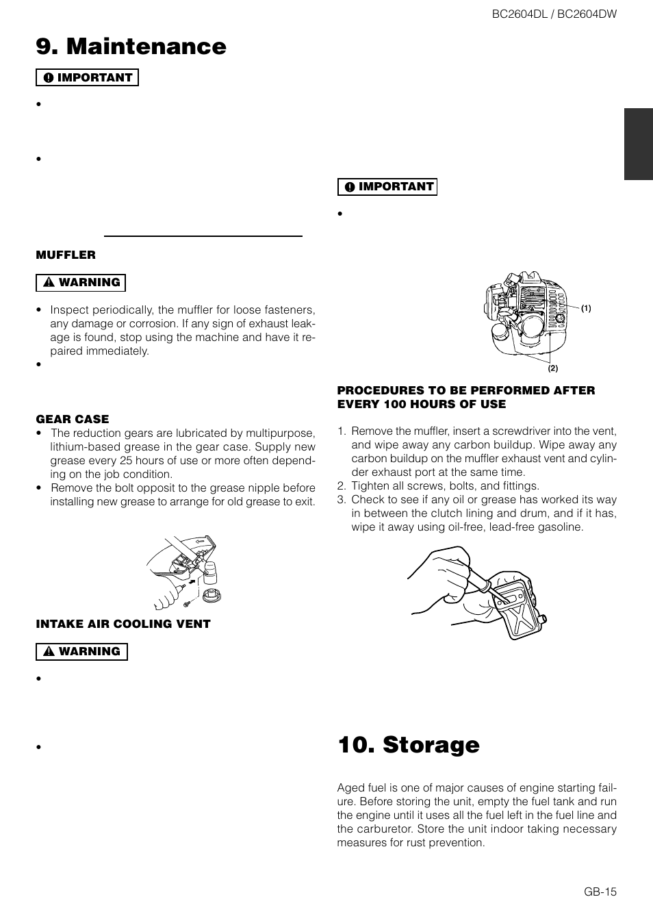 Storage, Maintenance | Zenoah BC2604DW User Manual | Page 15 / 16