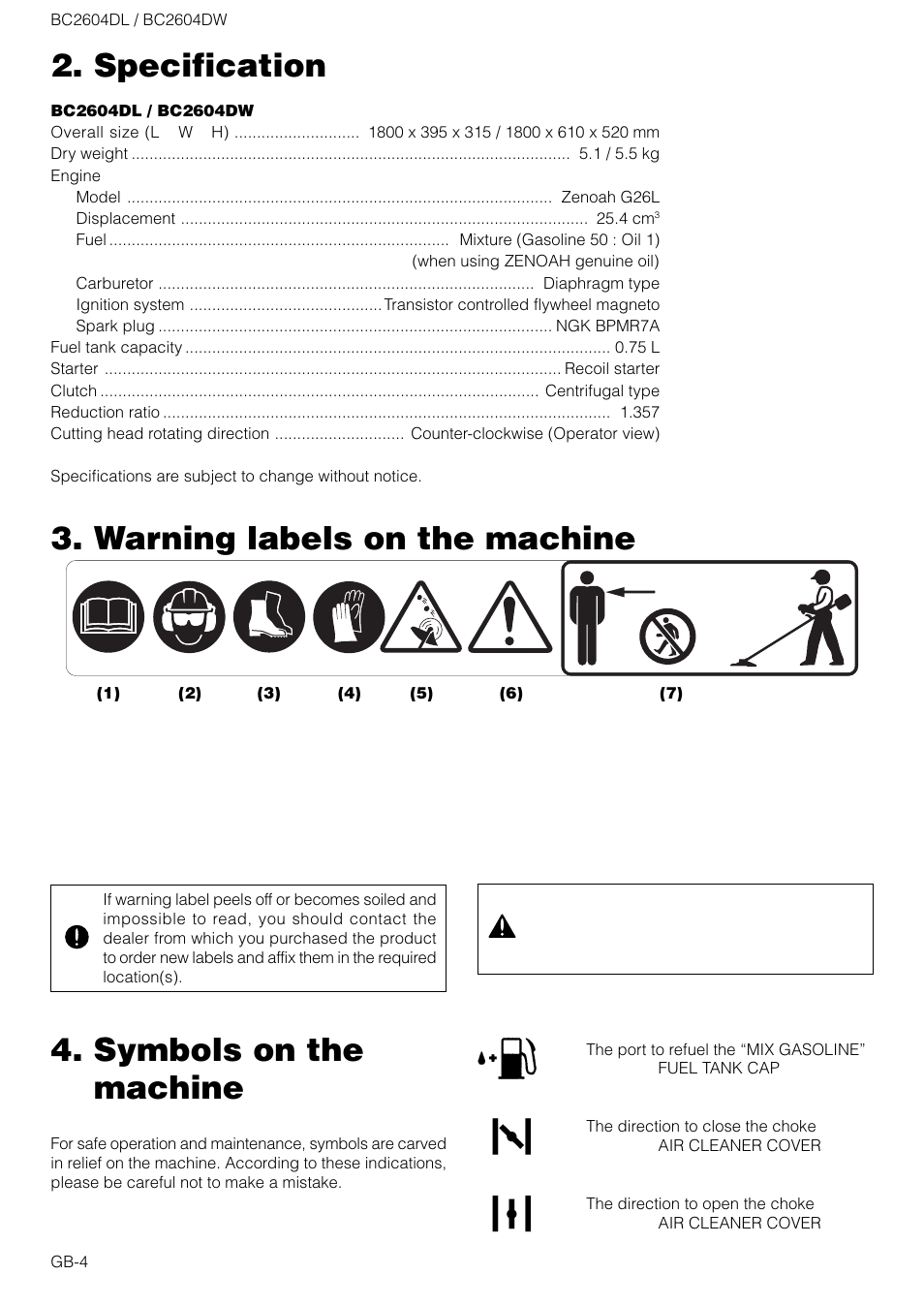 Specification, Symbols on the machine, Warning labels on the machine | Zenoah BC2604DW User Manual | Page 4 / 16