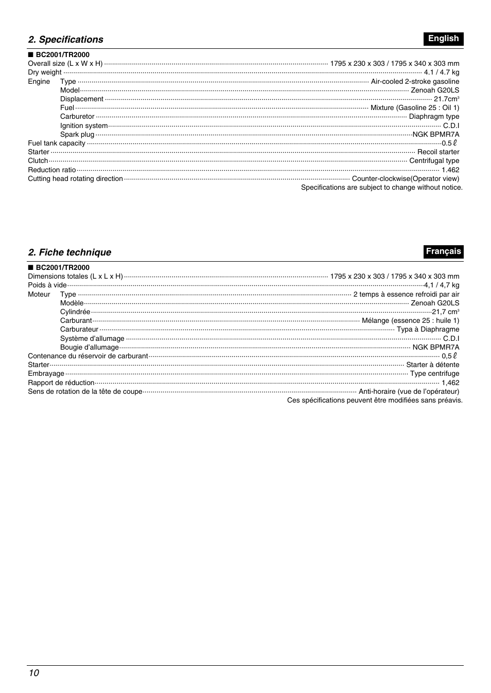 Specifications 10, Fiche technique | Zenoah TR2000 User Manual | Page 10 / 52
