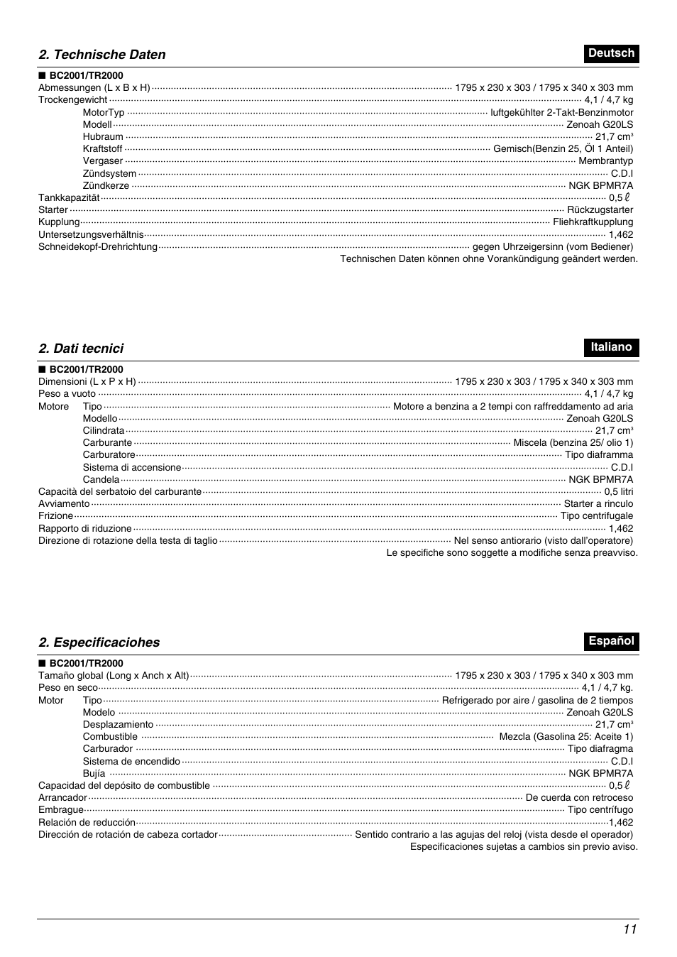 11 2. technische daten, Dati tecnici, Especificaciohes | Zenoah TR2000 User Manual | Page 11 / 52