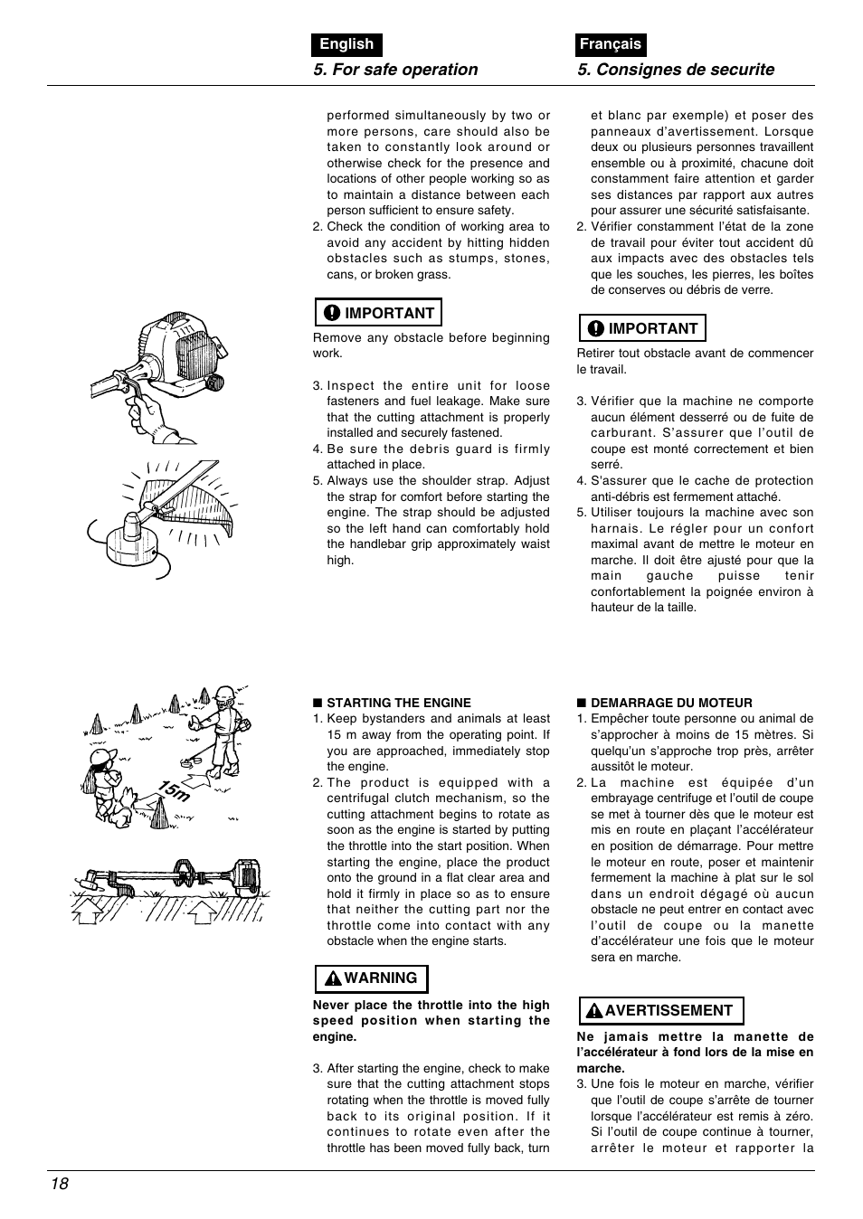 For safe operation 5. consignes de securite | Zenoah TR2000 User Manual | Page 18 / 52