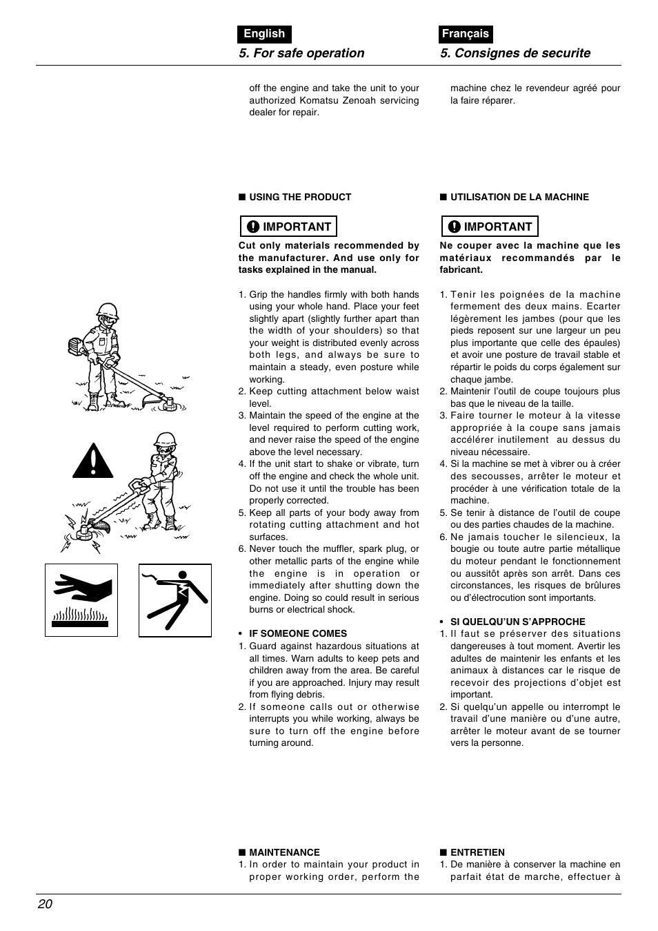 For safe operation 5. consignes de securite | Zenoah TR2000 User Manual | Page 20 / 52