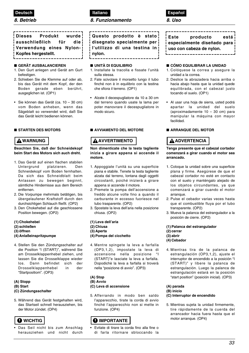 Betrieb 8. funzionamento 8. uso 33 | Zenoah TR2000 User Manual | Page 33 / 52