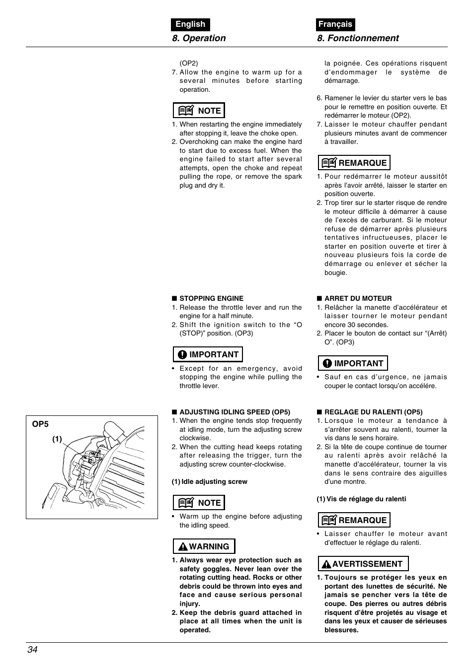 Operation 8. fonctionnement 34 | Zenoah TR2000 User Manual | Page 34 / 52