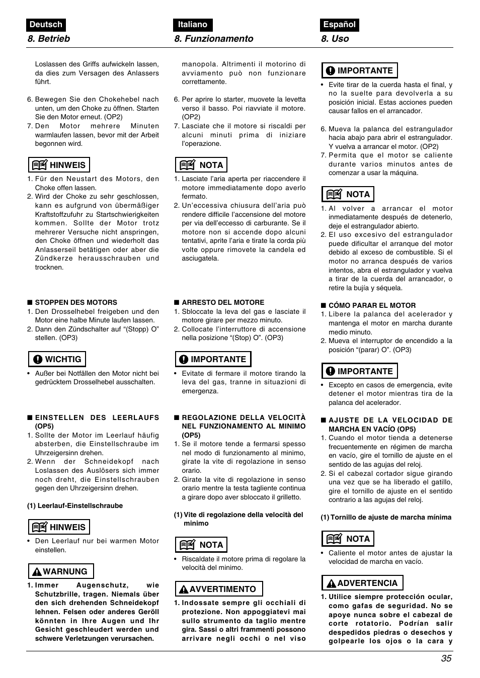 Betrieb 8. funzionamento 8. uso 35 | Zenoah TR2000 User Manual | Page 35 / 52