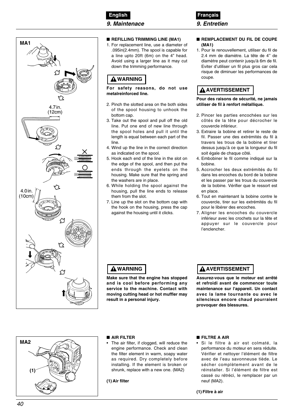 Maintenace 9. entretien 40 | Zenoah TR2000 User Manual | Page 40 / 52