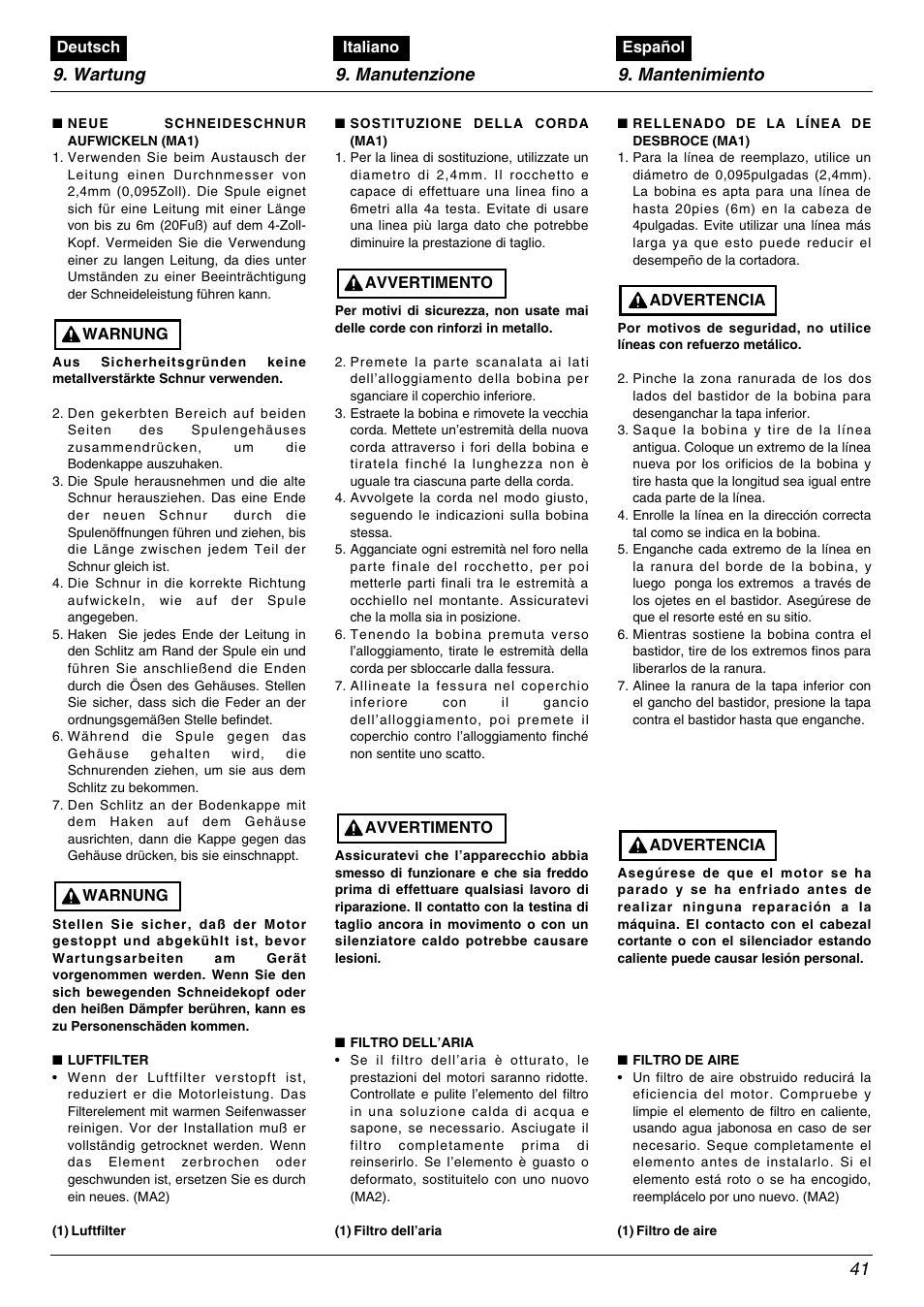 Wartung 9. manutenzione 9. mantenimiento 41 | Zenoah TR2000 User Manual | Page 41 / 52