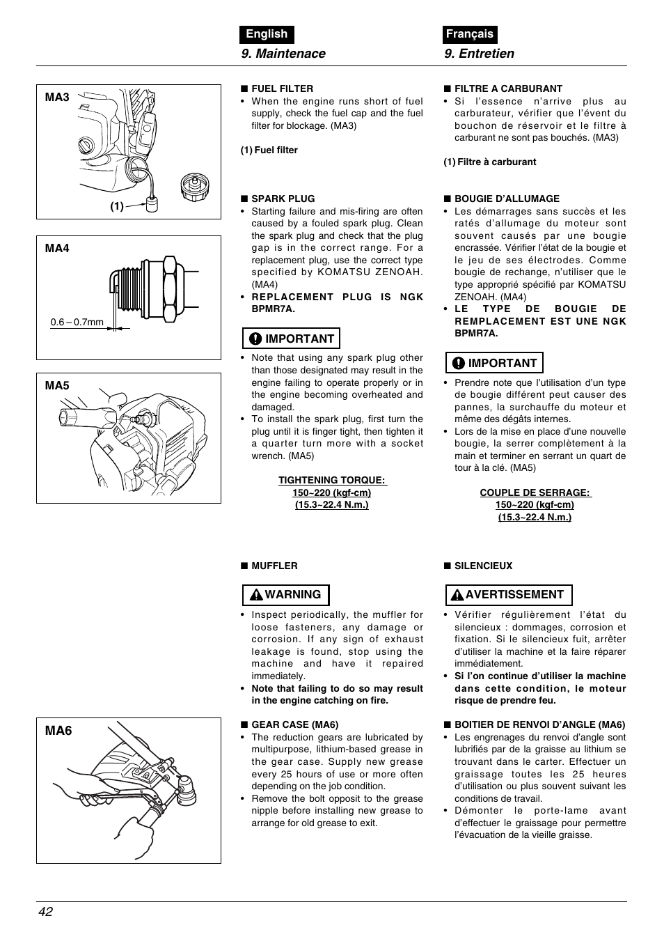 Maintenace 9. entretien 42 | Zenoah TR2000 User Manual | Page 42 / 52