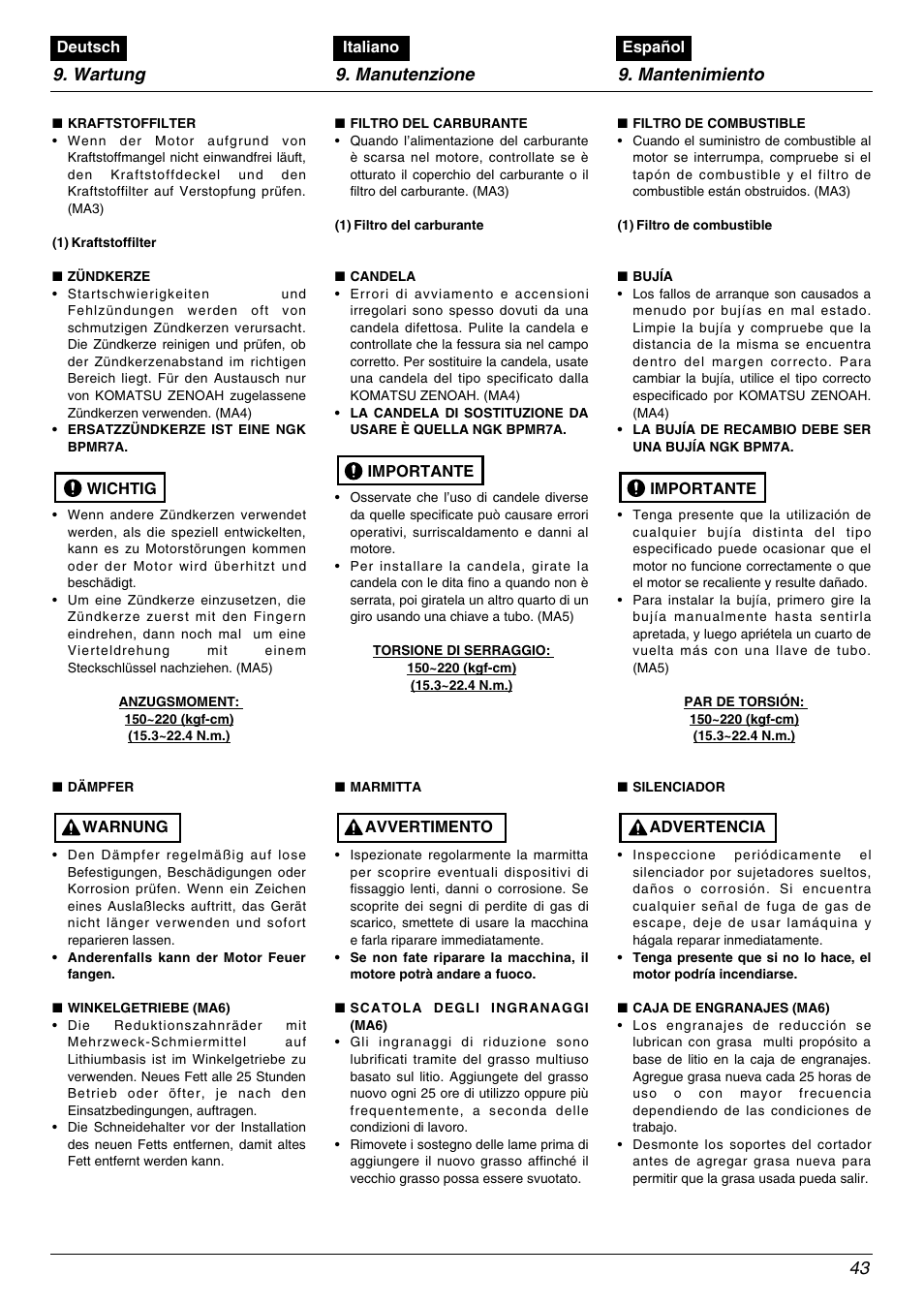Wartung 9. manutenzione 9. mantenimiento 43 | Zenoah TR2000 User Manual | Page 43 / 52