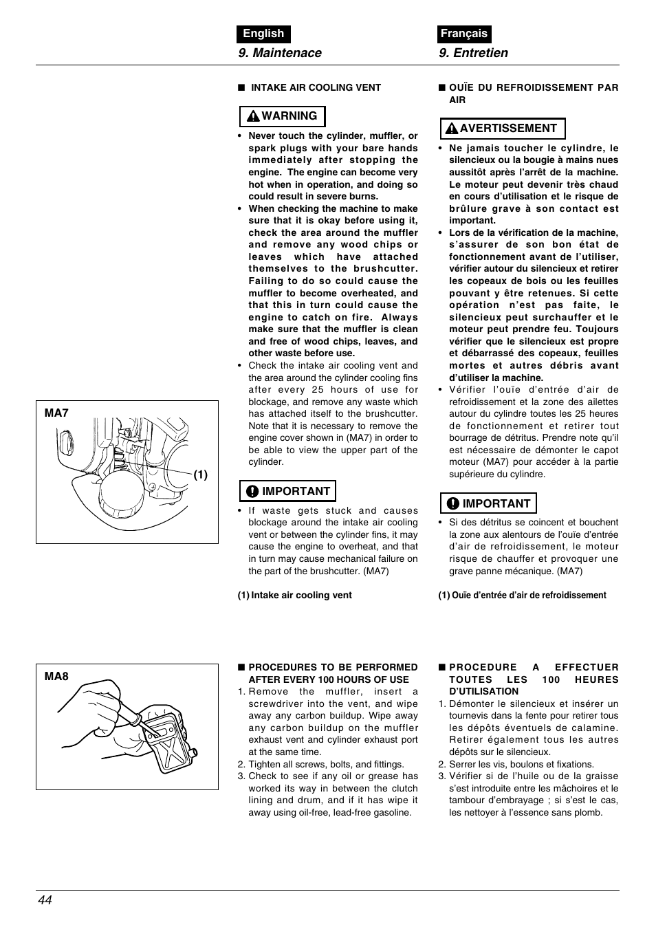 Maintenace 9. entretien 44 | Zenoah TR2000 User Manual | Page 44 / 52