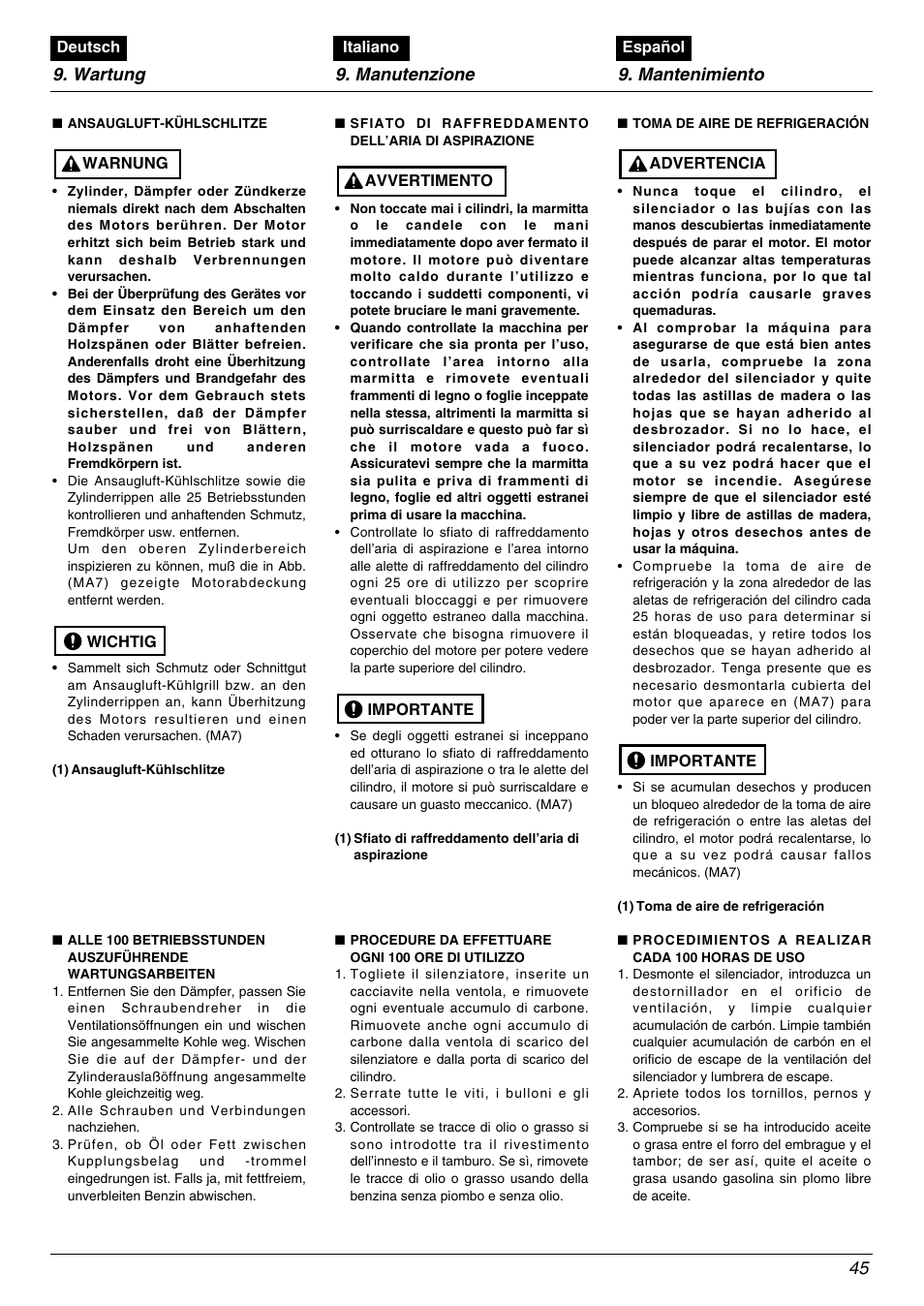 Wartung 9. manutenzione 9. mantenimiento 45 | Zenoah TR2000 User Manual | Page 45 / 52