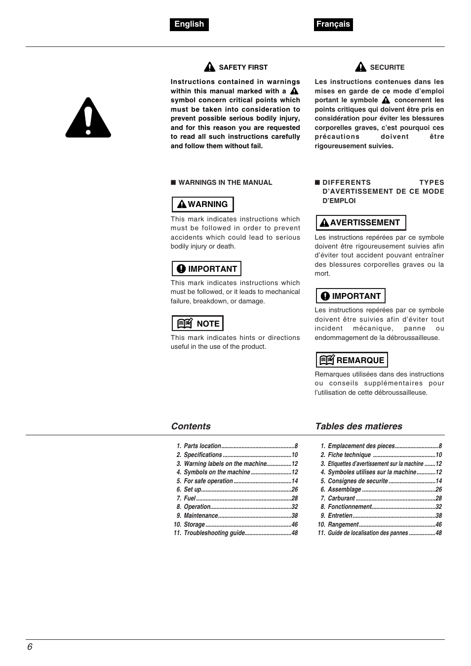 Contents tables des matieres 6 | Zenoah TR2000 User Manual | Page 6 / 52